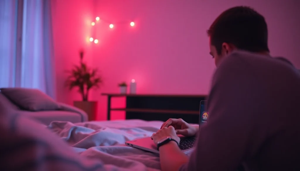 Engaging in AI sexting with a playful chat interface in a cozy setting.