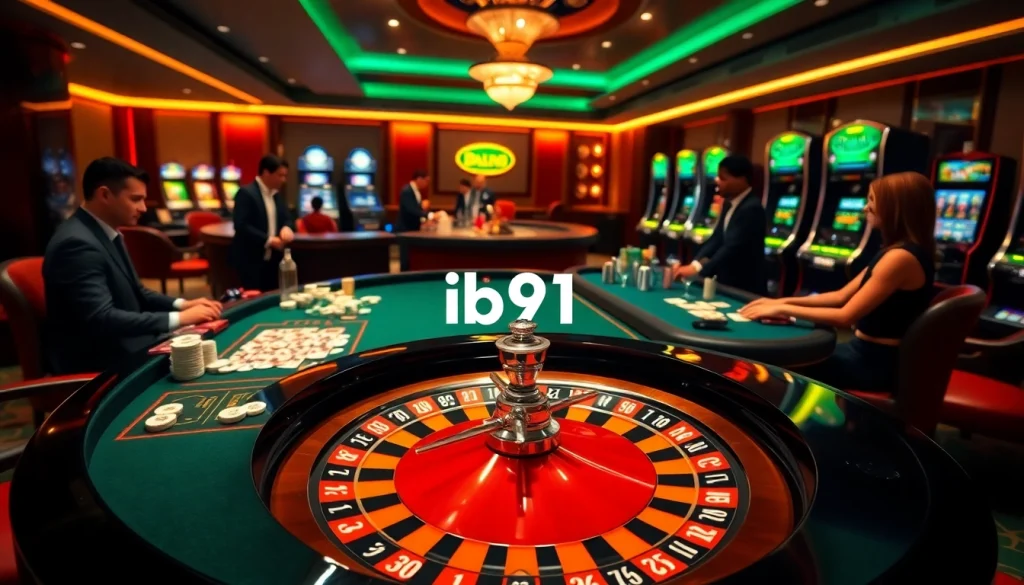 Experience thrilling gambling action at ib91.in with a vibrant casino scene featuring roulette and poker games.