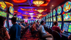 Slot Dewanaga89 di kasino kelas atas dengan pemain yang antusias menikmati permainan taruhan tinggi.