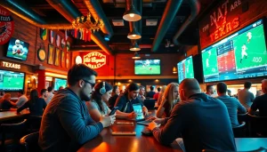 Engaged fans enjoying sports betting Texas at a lively sports bar with screens and excitement.