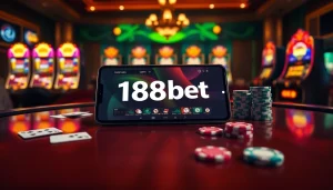 Experience thrilling gaming action at 188bet with vibrant slots, poker chips, and a modern gaming interface.