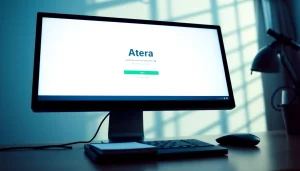 Atera login screen displayed on a computer in an organized office workspace, inviting secure access.