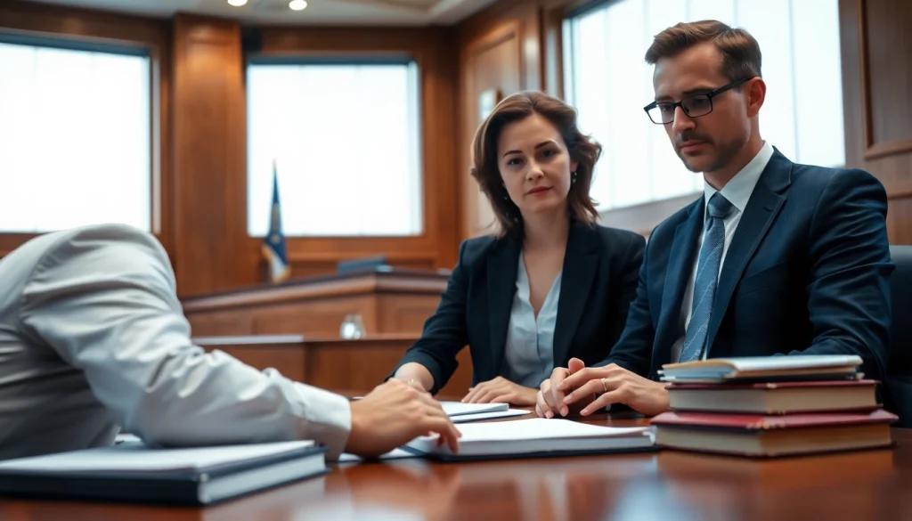 Eminent domain lawyer consulting with a client in a courtroom, showcasing legal expertise.