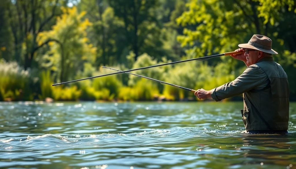 Angler casting the best fly fishing rods in a serene river surrounded by lush greenery.