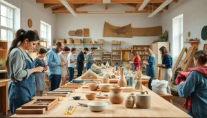 Engaged participants in craft training Colorado learning various skills in a vibrant workshop atmosphere.