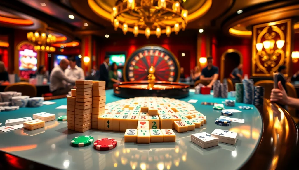 Engage in the exciting game of link mahjong as colorful tiles are matched on a luxurious casino table.