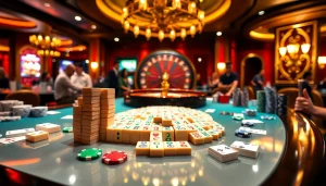 Engage in the exciting game of link mahjong as colorful tiles are matched on a luxurious casino table.