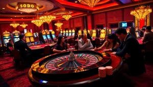 SODO casino scene showcasing poker chips and a roulette wheel, capturing the excitement of gambling.