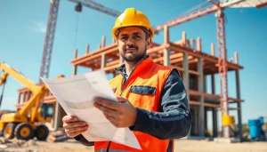 Construction trade schools in texas showcasing a tradesperson on-site with tools and plans.