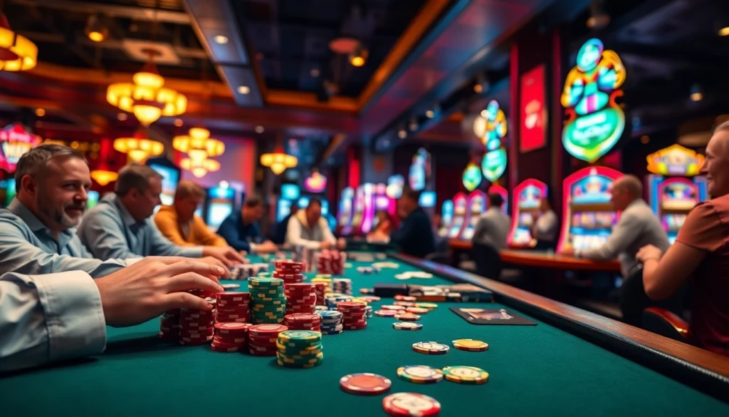 Engaging scene of cs2 gambling sites with players at vibrant casino tables and colorful poker chips.