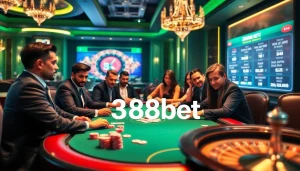 Players at a high-stakes poker table showcasing 388bet's thrilling gaming experience.