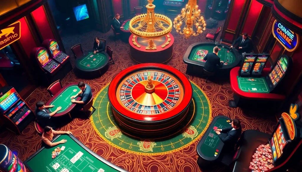 The thrilling atmosphere at nhà cái nova88, featuring vibrant casino games with players, roulette, and colorful slot machines.