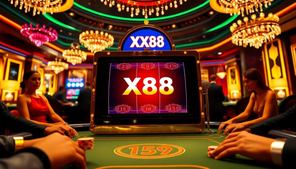 Experience the luxury of XX88 with vibrant casino action at a poker table.