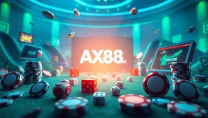 Cảnh sinh động minh họa trải nghiệm chơi game trực tuyến năng động của AX88 Bet với các yếu tố kỹ thuật số.