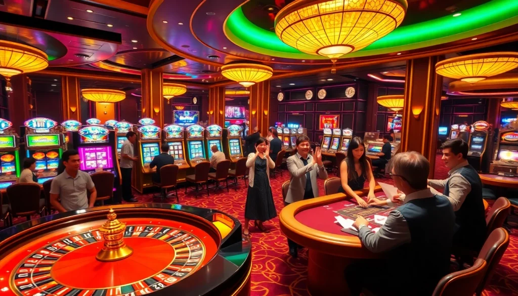 Adegan kasino yang hidup dengan para pemain merayakan kemenangan Datuk Win di meja roulette dan blackjack.