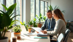 An environmental lawyer consulting with a client in a sustainable office, emphasizing eco-friendliness.