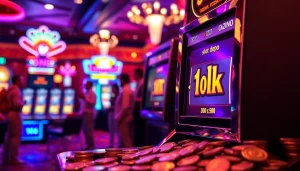 Menampilkan pengalaman bermain slot depo 1k yang penuh warna dan semangat di kasino.