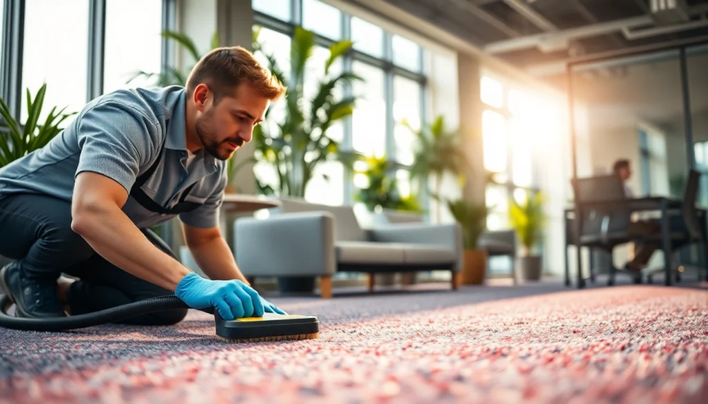 Streamlining commercial carpet cleaning process with a technician and modern equipment.