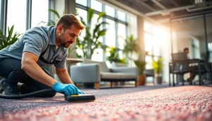 Streamlining commercial carpet cleaning process with a technician and modern equipment.