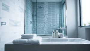 Duschkabine 90x90 in modernem Badezimmer mit sanften Farben und luxuriösem Design.