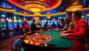 Exciting scene at a vibrant top club casino with players enjoying table games and roulette.