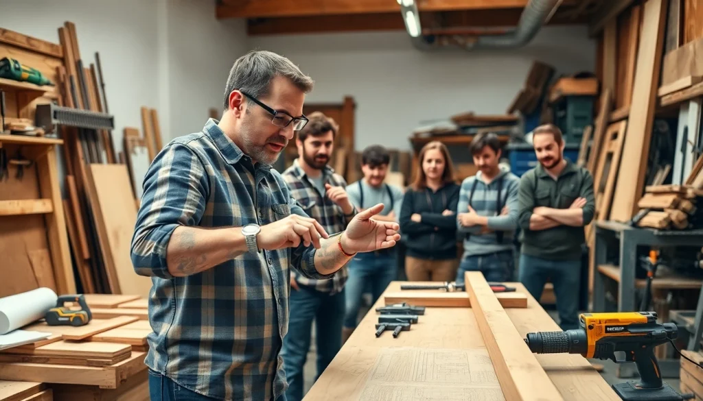 Carpentry Apprenticeship Near Me with professional instructor guiding eager learners in workshop.