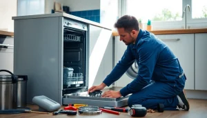 Expert Bosch dishwasher repair technician diagnosing issues in a bright kitchen.