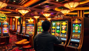 Adegan deposit pulsa slot yang menarik dengan antarmuka perjudian online yang penuh warna dan pemain yang antusias.