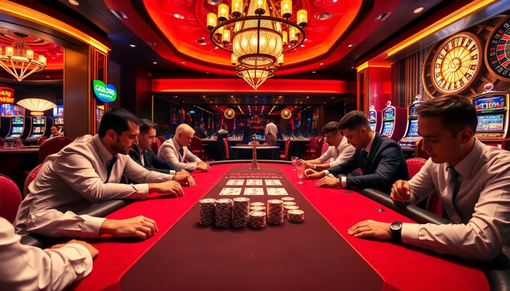 High-stakes poker gameplay at GG88 casino, featuring intense players and vibrant casino elements.