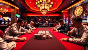 High-stakes poker gameplay at GG88 casino, featuring intense players and vibrant casino elements.