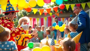 Children having fun with birthday party entertainers like clowns and magicians at a lively celebration.