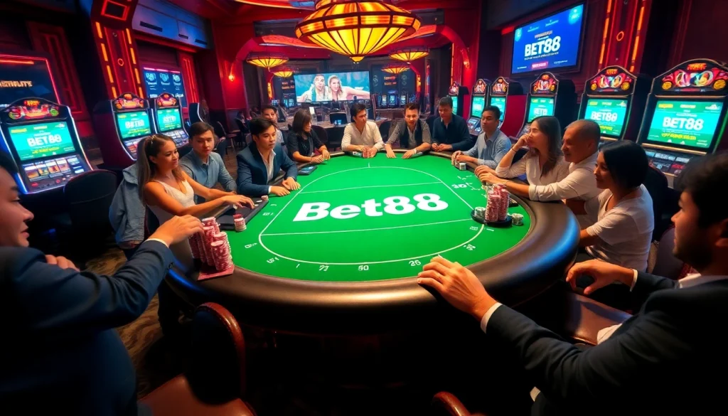 Bet88 branded poker table scene with excited players, colorful chips, and luxurious casino ambiance.