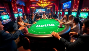 Bet88 branded poker table scene with excited players, colorful chips, and luxurious casino ambiance.
