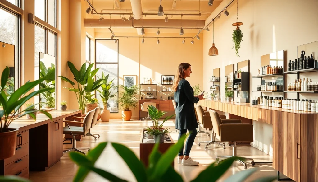 Addendum Salon's stylish interior with natural lighting, showcasing professionals providing hair services.