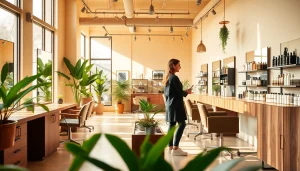 Addendum Salon's stylish interior with natural lighting, showcasing professionals providing hair services.