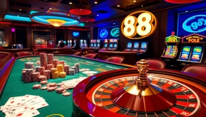 Experience excitement at the go 88 casino table filled with colorful chips, cards, and a roulette wheel.