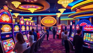 Excited gamblers playing idn slot machines in a vibrant casino atmosphere.
