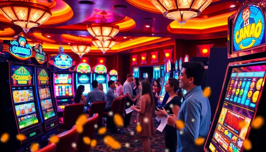 Rasakan kegembiraan di situs slot dengan pemain bahagia yang menang di mesin slot berwarna-warni di kasino mewah.