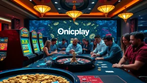 Players enjoying slot machines and casino games at Onicplay, showcasing excitement and entertainment.