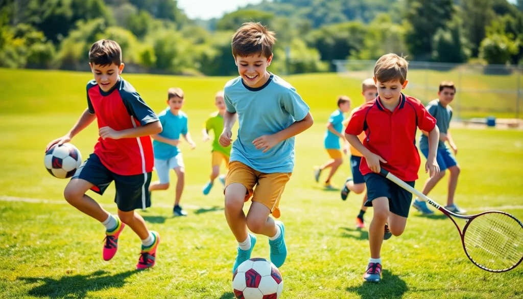 Engaging moment at Multi Sports Camps for Boys with kids playing soccer and basketball outdoors.