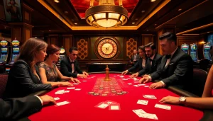 KJC members enjoying a high-stakes poker game in a glamorous casino setting filled with excitement and luxury.
