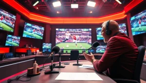 Engaging sports broadcasting set with a passionate commentator, highlighting Sports Broadcasting.