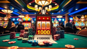Experience the thrill of playing slot depo 1000 with a vibrant casino scene showcasing lively slot machines and colorful poker chips.