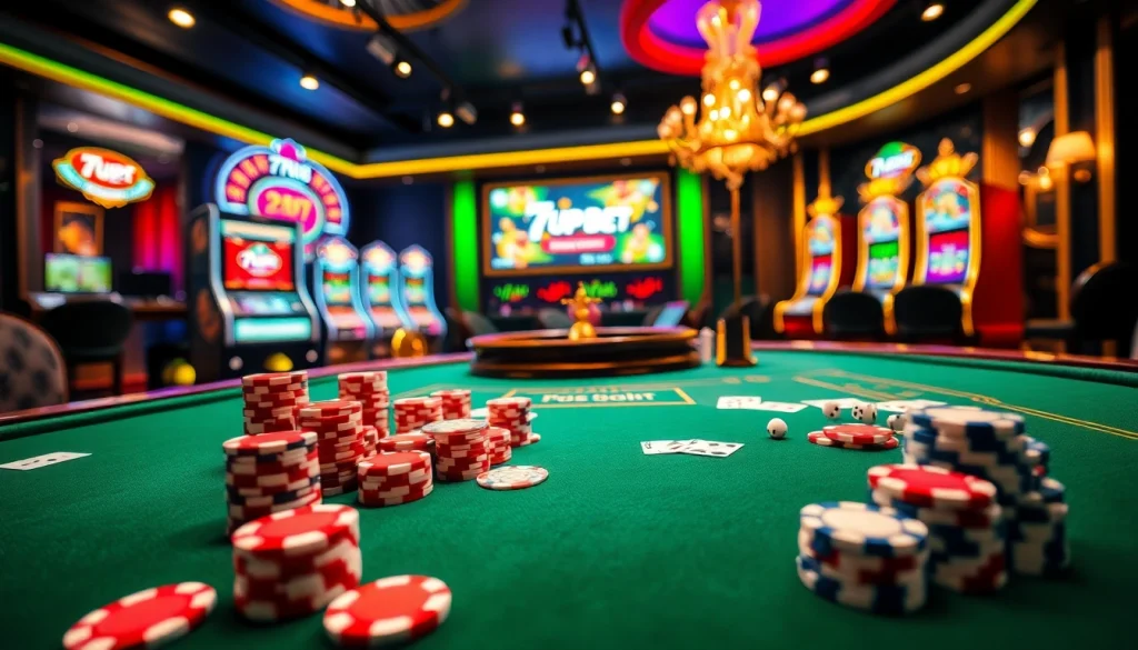 Engage with an exciting 7upbet online gaming scene highlighting poker chips and a roulette wheel.