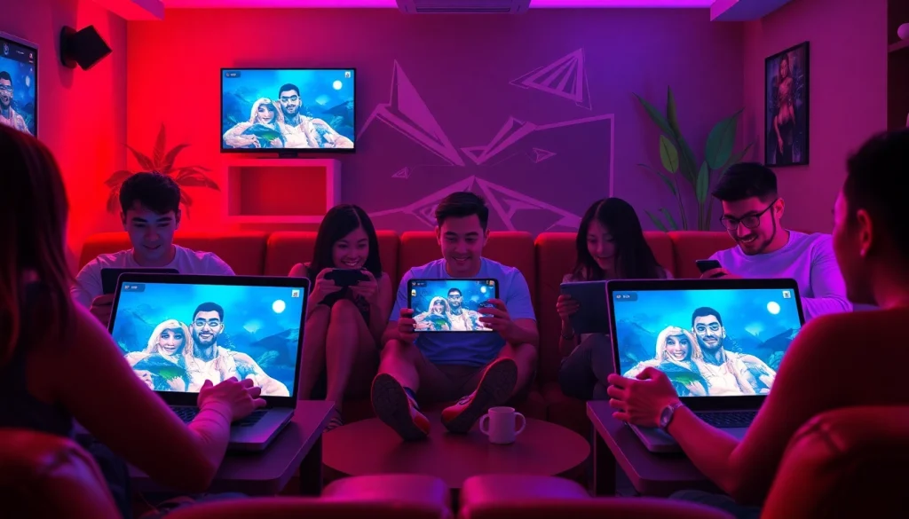 Exciting gaming lounge scene showcasing free porn games on various devices, inviting atmosphere.