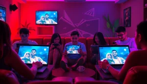 Exciting gaming lounge scene showcasing free porn games on various devices, inviting atmosphere.