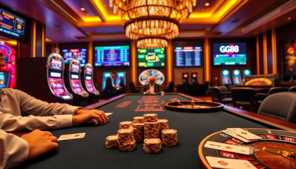 Experience thrilling gaming at GG88’s online casino with luxurious tables and vibrant slot machines.