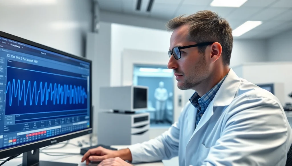Technician analyzing sound wave data for das 140 in a modern lab environment.