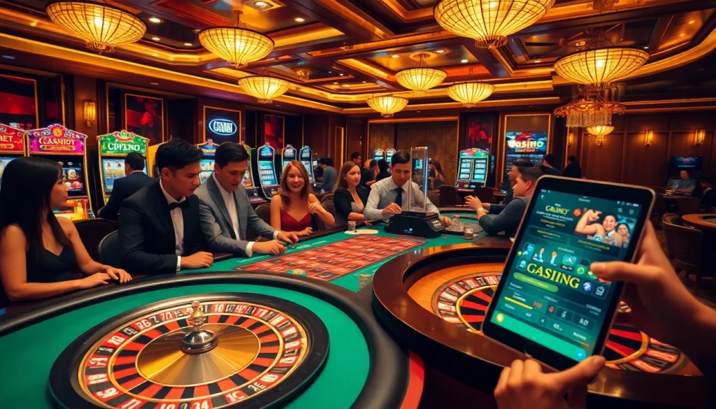 Experience thrilling gambling vibes at Layarkaca21 with vibrant casino tables and slot machines.
