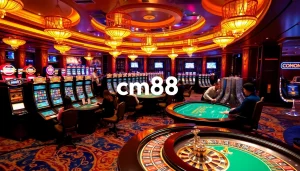 Engage with cm88 in a luxurious casino filled with vibrant slot machines and roulette wheels.